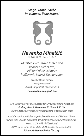 Anzeige von Nevenka Mihelcic von Kölner Stadt-Anzeiger / Kölnische Rundschau / Express