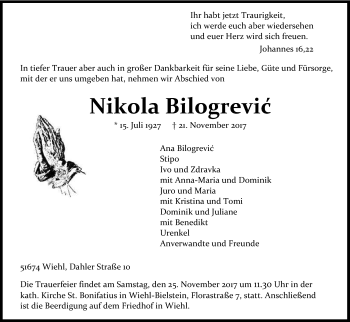 Anzeige von Nikola Bilogrevic von Kölner Stadt-Anzeiger / Kölnische Rundschau / Express