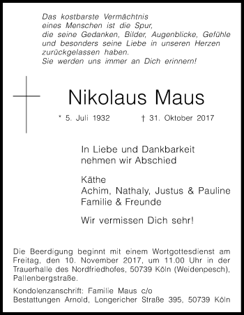 Anzeige von Nikolaus Maus von Kölner Stadt-Anzeiger / Kölnische Rundschau / Express