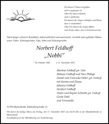 Anzeige von Norbert Feldhoff von Kölner Stadt-Anzeiger / Kölnische Rundschau / Express