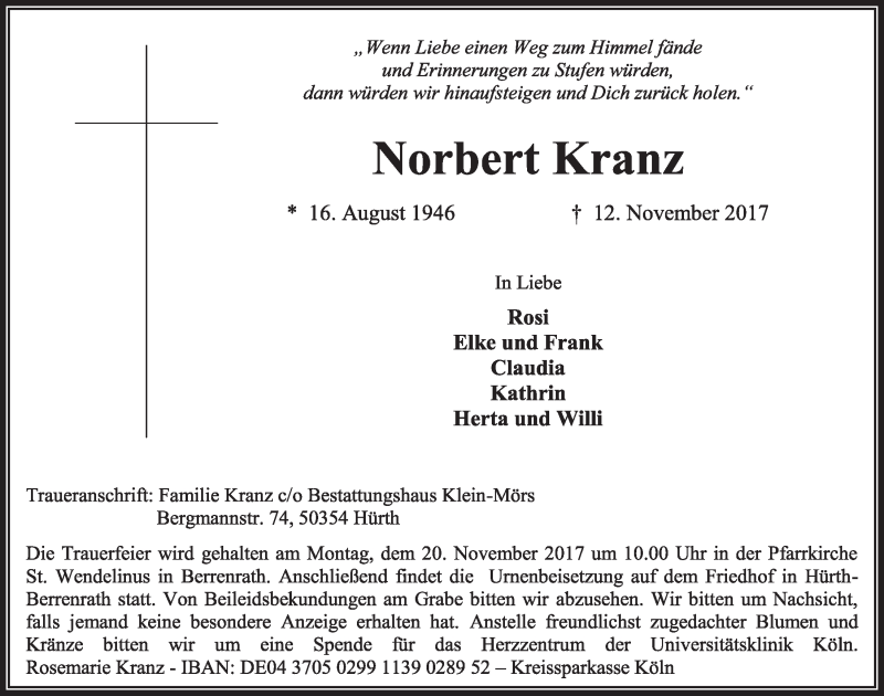  Traueranzeige für Norbert Kranz vom 18.11.2017 aus  Sonntags-Post 