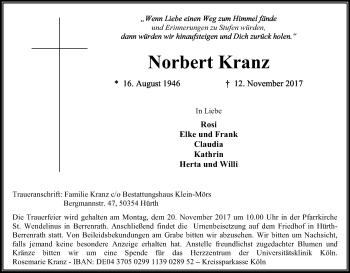 Anzeige von Norbert Kranz von Kölner Stadt-Anzeiger / Kölnische Rundschau / Express