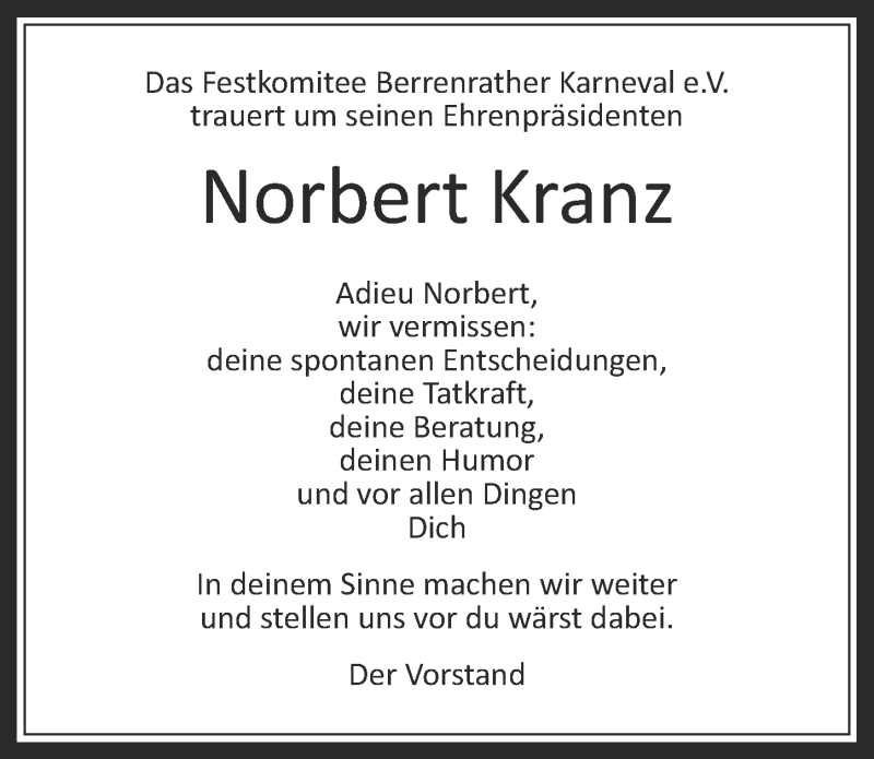  Traueranzeige für Norbert Kranz vom 29.11.2017 aus  Wochenende 