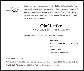 Anzeige von Olaf Lattke von Kölner Stadt-Anzeiger / Kölnische Rundschau / Express