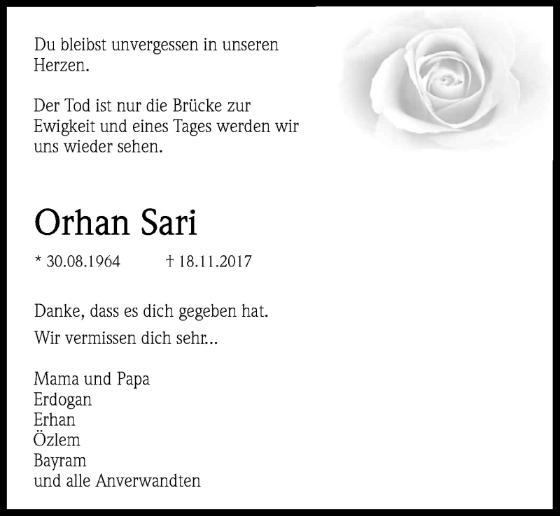  Traueranzeige für Orhan Sari vom 23.11.2017 aus Kölner Stadt-Anzeiger / Kölnische Rundschau / Express