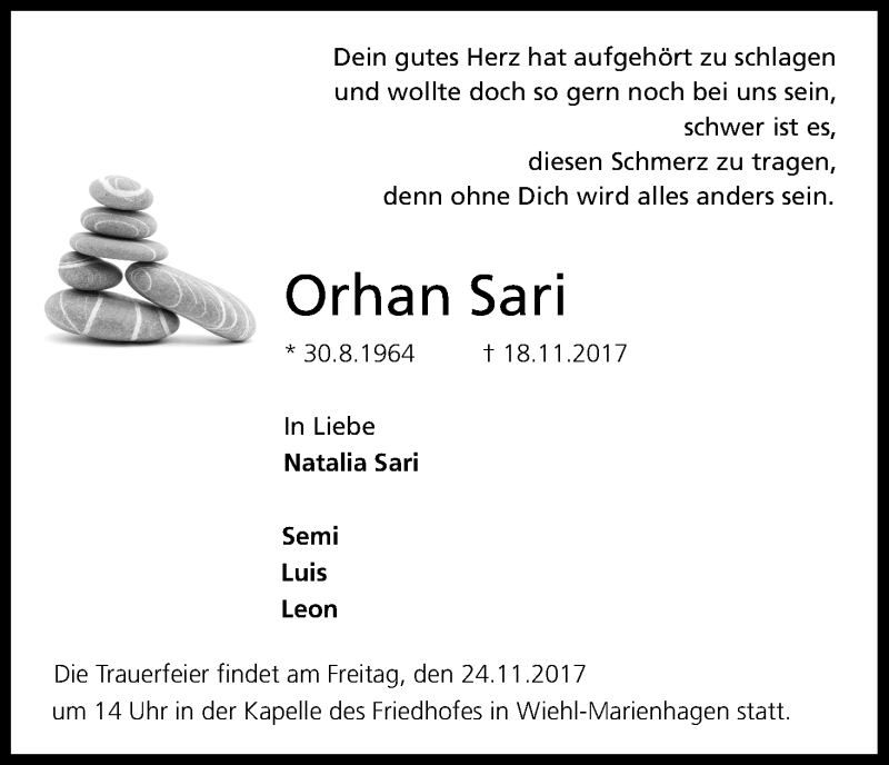  Traueranzeige für Orhan Sari vom 23.11.2017 aus Kölner Stadt-Anzeiger / Kölnische Rundschau / Express