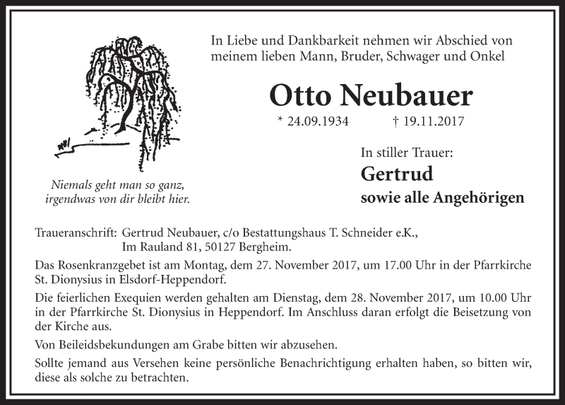  Traueranzeige für Otto Neubauer vom 25.11.2017 aus  Sonntags-Post 