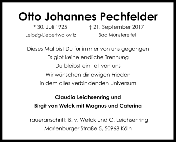 Anzeige von Otto Johannes Pechfelder von Kölner Stadt-Anzeiger / Kölnische Rundschau / Express