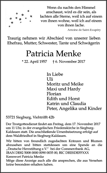 Anzeige von Patricia Menke von Kölner Stadt-Anzeiger / Kölnische Rundschau / Express