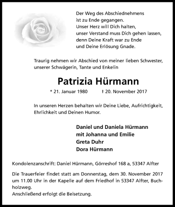 Anzeige von Patrizia Hürmann von Kölner Stadt-Anzeiger / Kölnische Rundschau / Express