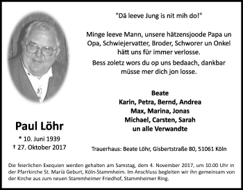 Anzeige von Paul Löhr von Kölner Stadt-Anzeiger / Kölnische Rundschau / Express