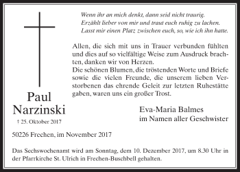 Anzeige von Paul Narzinski von  Wochenende 
