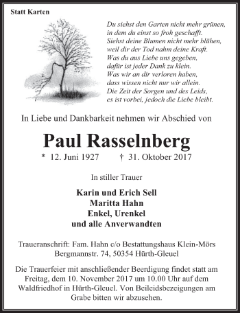 Anzeige von Paul Rasselnberg von  Wochenende 