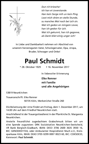 Anzeige von Paul Schmidt von Kölner Stadt-Anzeiger / Kölnische Rundschau / Express