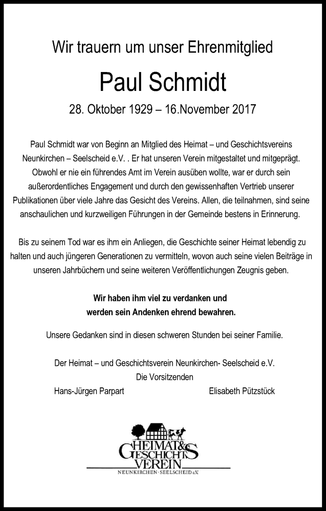  Traueranzeige für Paul Schmidt vom 25.11.2017 aus Kölner Stadt-Anzeiger / Kölnische Rundschau / Express