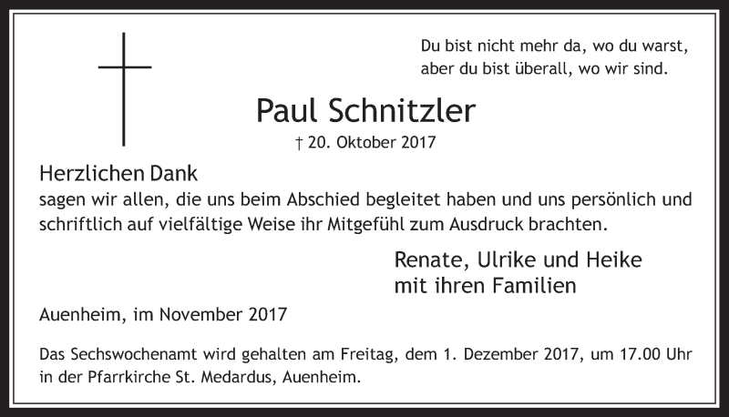  Traueranzeige für Paul Schnitzler vom 22.11.2017 aus  Werbepost 