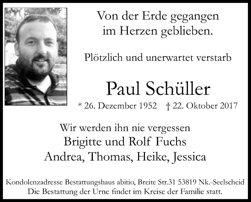  Traueranzeige für Paul Schüller vom 04.11.2017 aus Kölner Stadt-Anzeiger / Kölnische Rundschau / Express