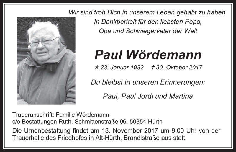 Traueranzeige für Paul Wördemann vom 08.11.2017 aus  Wochenende 