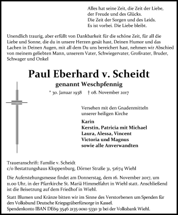 Anzeige von Paul Eberhard v. Scheidt von Kölner Stadt-Anzeiger / Kölnische Rundschau / Express