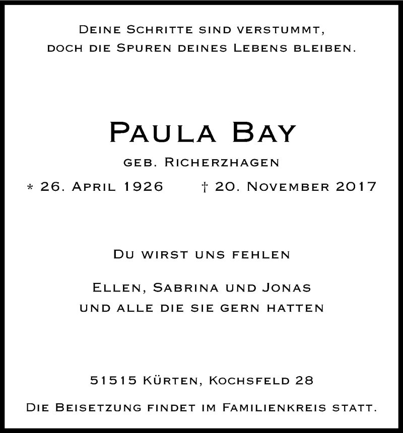  Traueranzeige für Paula Bay vom 23.11.2017 aus Kölner Stadt-Anzeiger / Kölnische Rundschau / Express
