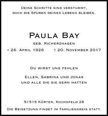 Anzeige von Paula Bay von Kölner Stadt-Anzeiger / Kölnische Rundschau / Express
