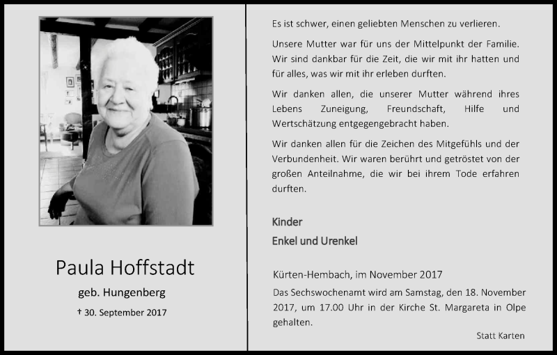  Traueranzeige für Paula Hoffstadt vom 11.11.2017 aus Kölner Stadt-Anzeiger / Kölnische Rundschau / Express