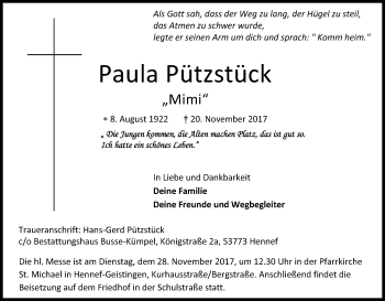 Anzeige von Paula Pützstück von Kölner Stadt-Anzeiger / Kölnische Rundschau / Express