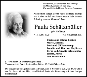 Anzeige von Paula Schätzmüller von Kölner Stadt-Anzeiger / Kölnische Rundschau / Express