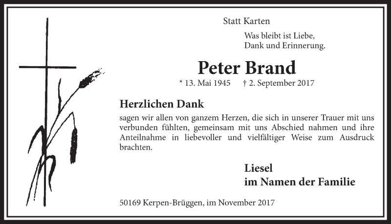  Traueranzeige für Peter Brand vom 04.11.2017 aus  Sonntags-Post 