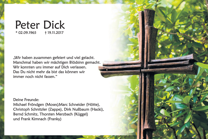  Traueranzeige für Peter Dick vom 29.11.2017 aus  Schaufenster/Blickpunkt 