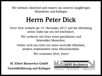 Anzeige von Peter Dick von Kölner Stadt-Anzeiger / Kölnische Rundschau / Express