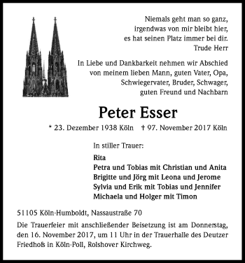 Anzeige von Peter Esser von Kölner Stadt-Anzeiger / Kölnische Rundschau / Express