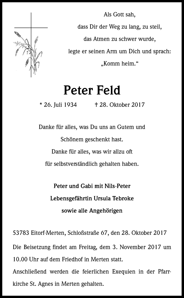  Traueranzeige für Peter Feld vom 02.11.2017 aus Kölner Stadt-Anzeiger / Kölnische Rundschau / Express
