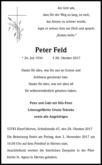 Anzeige von Peter Feld von Kölner Stadt-Anzeiger / Kölnische Rundschau / Express