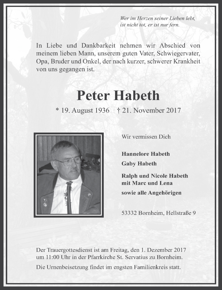  Traueranzeige für Peter Habeth vom 29.11.2017 aus  Schaufenster/Blickpunkt 