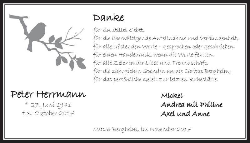  Traueranzeige für Peter Herrmann vom 15.11.2017 aus  Werbepost 