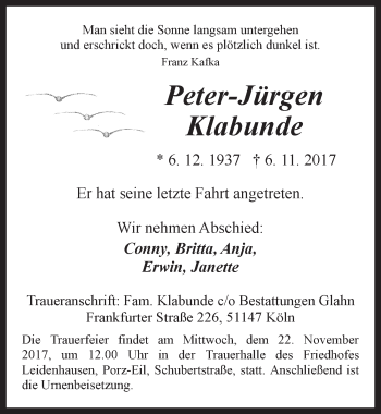Anzeige von Peter-Jürgen Klabunde von  Kölner Wochenspiegel 