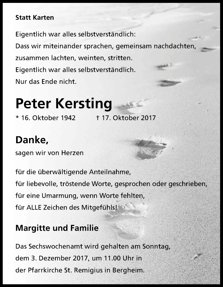  Traueranzeige für Peter Kersting vom 25.11.2017 aus Kölner Stadt-Anzeiger / Kölnische Rundschau / Express