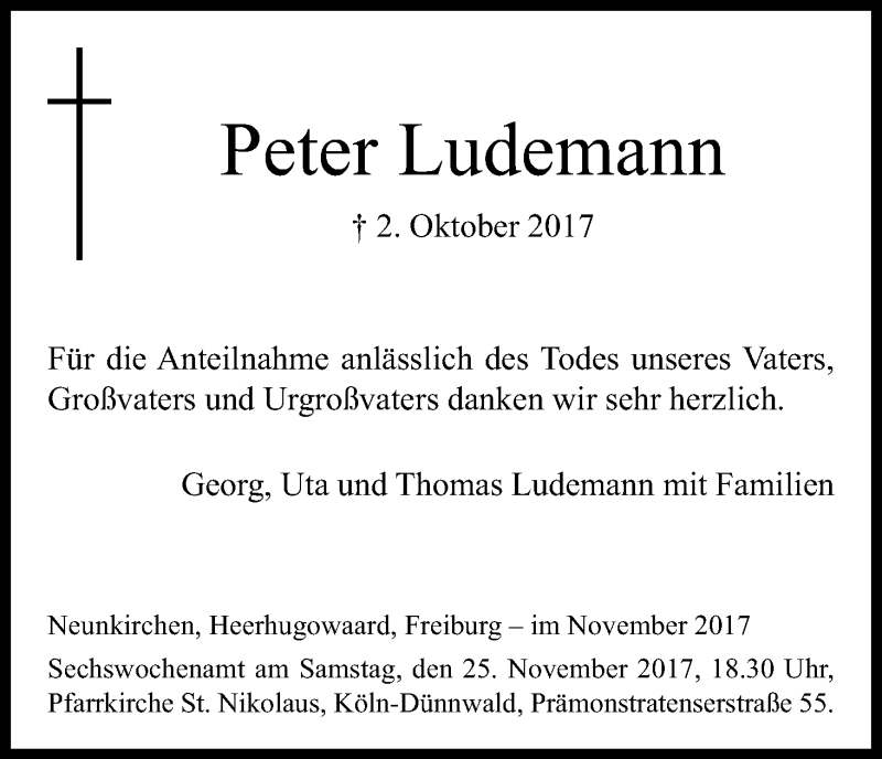  Traueranzeige für Peter Ludemann vom 11.11.2017 aus Kölner Stadt-Anzeiger / Kölnische Rundschau / Express
