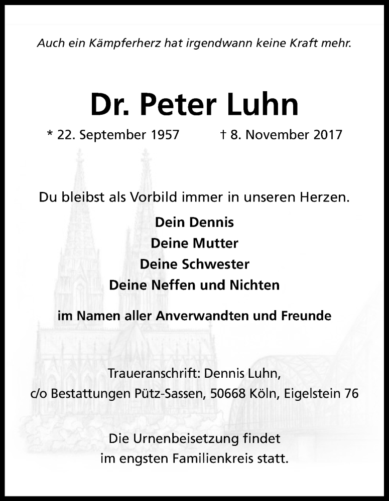  Traueranzeige für Peter  Luhn vom 22.11.2017 aus Kölner Stadt-Anzeiger / Kölnische Rundschau / Express
