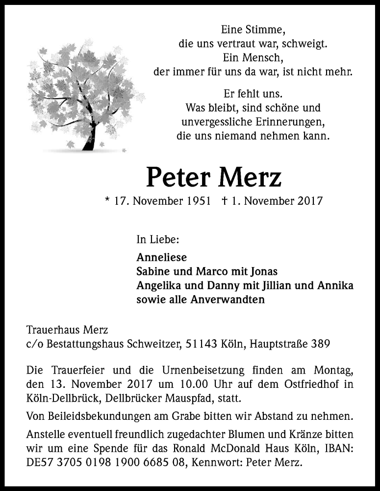  Traueranzeige für Peter Merz vom 11.11.2017 aus Kölner Stadt-Anzeiger / Kölnische Rundschau / Express