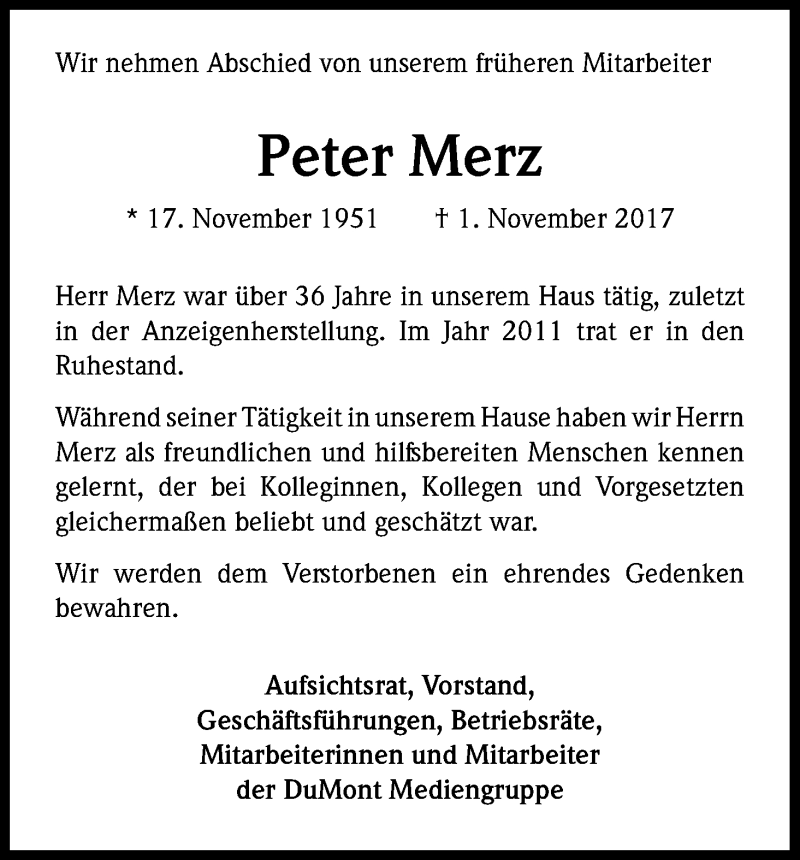  Traueranzeige für Peter Merz vom 11.11.2017 aus Kölner Stadt-Anzeiger / Kölnische Rundschau / Express