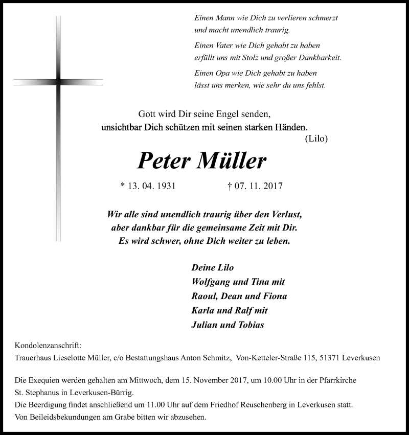  Traueranzeige für Peter Müller vom 10.11.2017 aus Kölner Stadt-Anzeiger / Kölnische Rundschau / Express