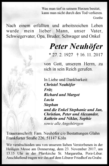 Anzeige von Peter Neuhöfer von  Kölner Wochenspiegel 