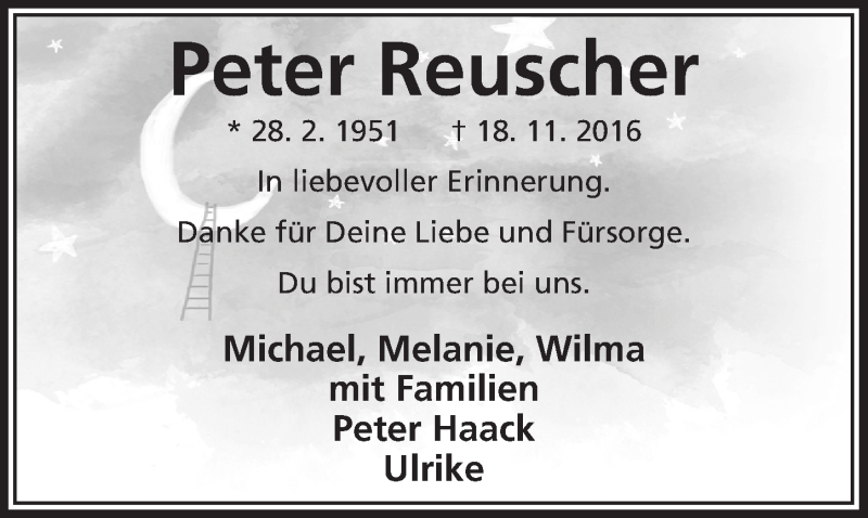  Traueranzeige für Peter Reuscher vom 18.11.2017 aus  Bergisches Sonntagsblatt 