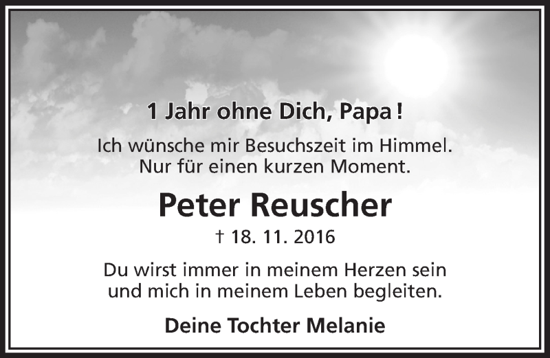  Traueranzeige für Peter Reuscher vom 18.11.2017 aus  Bergisches Sonntagsblatt 