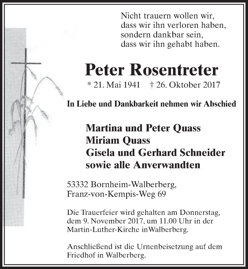 Traueranzeige für Peter Rosentreter vom 08.11.2017 aus  Schlossbote/Werbekurier 