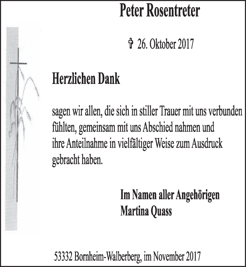  Traueranzeige für Peter Rosentreter vom 22.11.2017 aus  Schlossbote/Werbekurier 