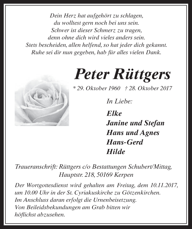  Traueranzeige für Peter Rüttgers vom 08.11.2017 aus  Werbepost 