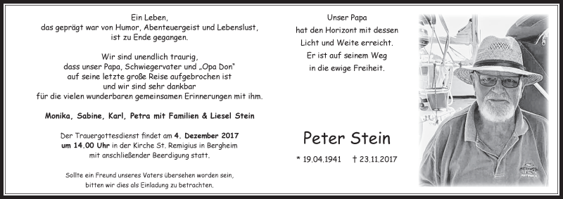 Traueranzeige für Peter Stein vom 29.11.2017 aus  Werbepost 